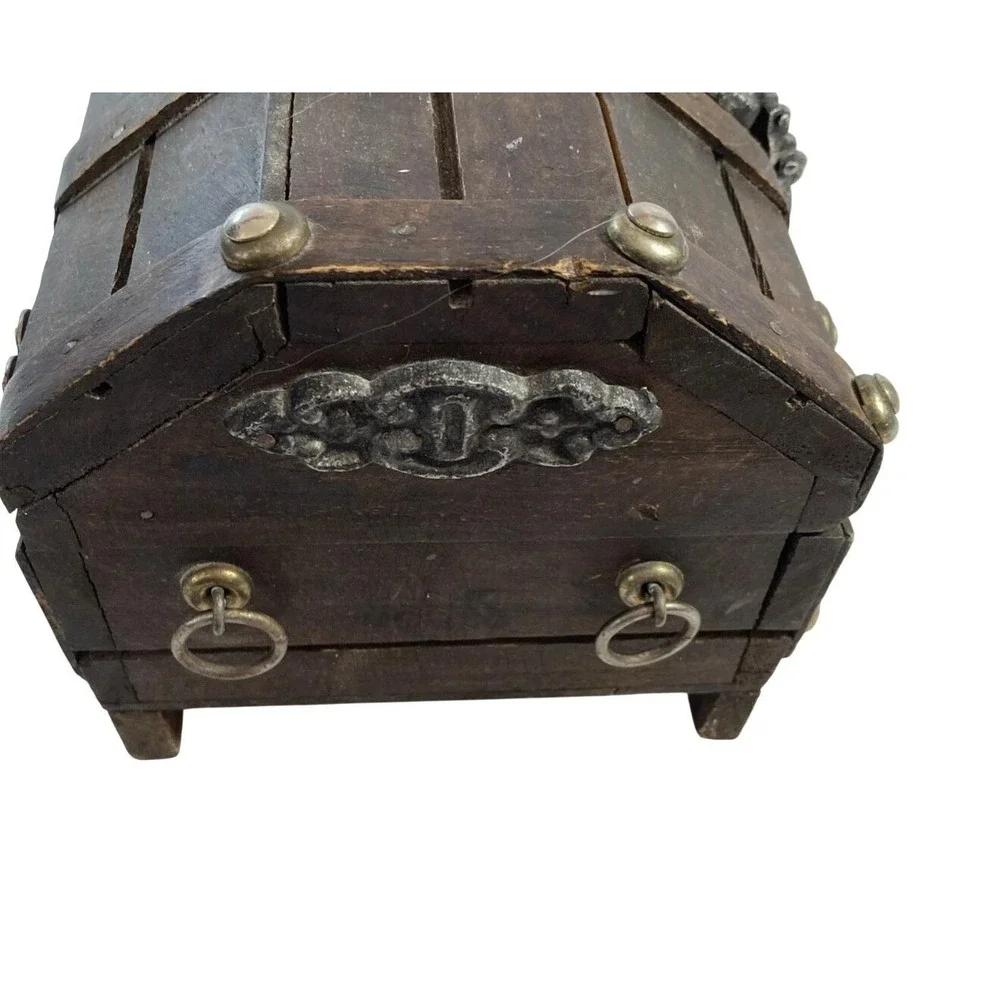 Vtg Wooden Pirate‎ Treasure Chest Jewelry Box Lion Head Hardware Decor Sailor